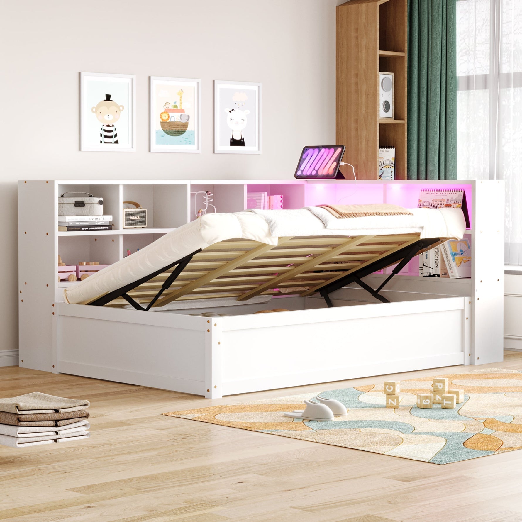 Sofa Bed, 90x200 Multifunctional with Sockets, Storage, Light Bar, Hydraulic, Solid Wood, White