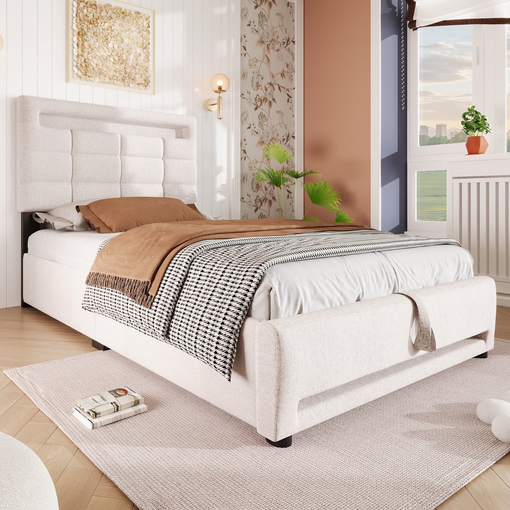 Upholstered Bed 90x200cm Hydraulic Storage LED USB App Control - Beige Linen