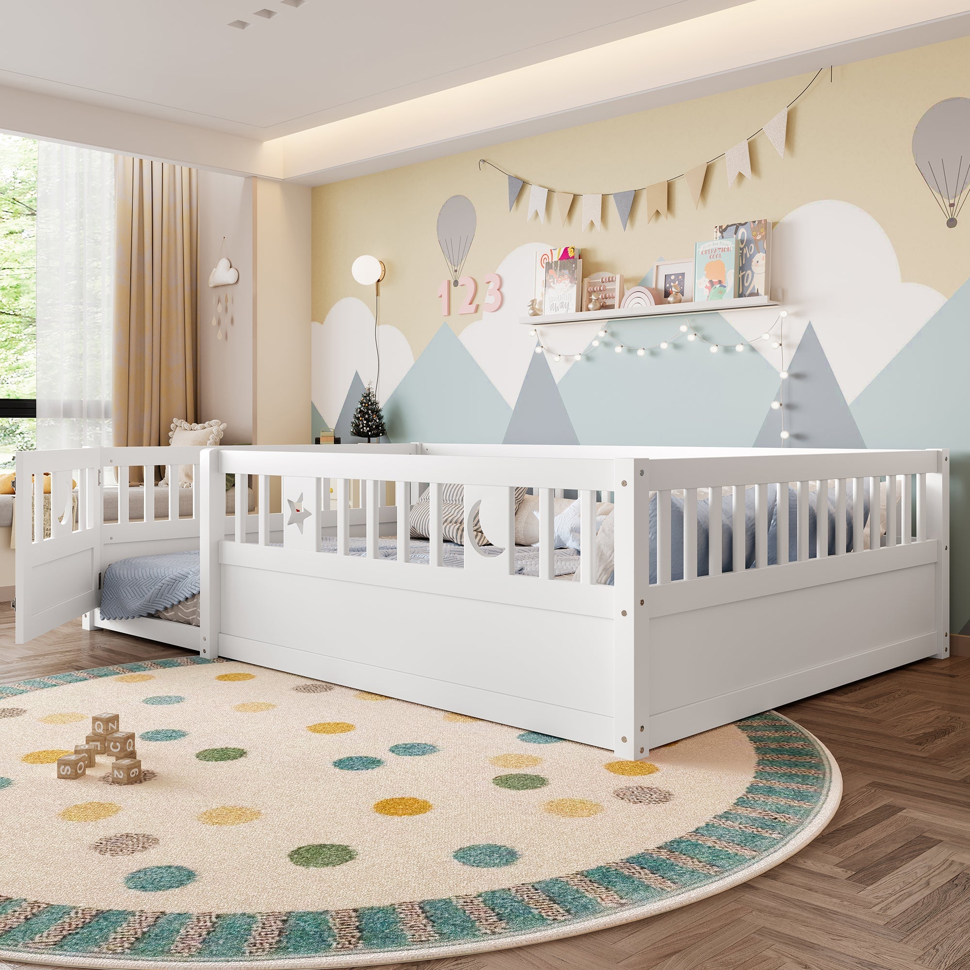 Panel Bed 140x190cm Children's with Railing Star & Moon Decoration - White