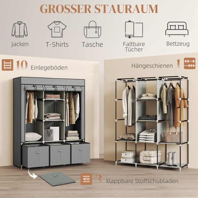 Wardrobe Folding Fabric with Clothes Rail Drawers Zipper, Light Grey