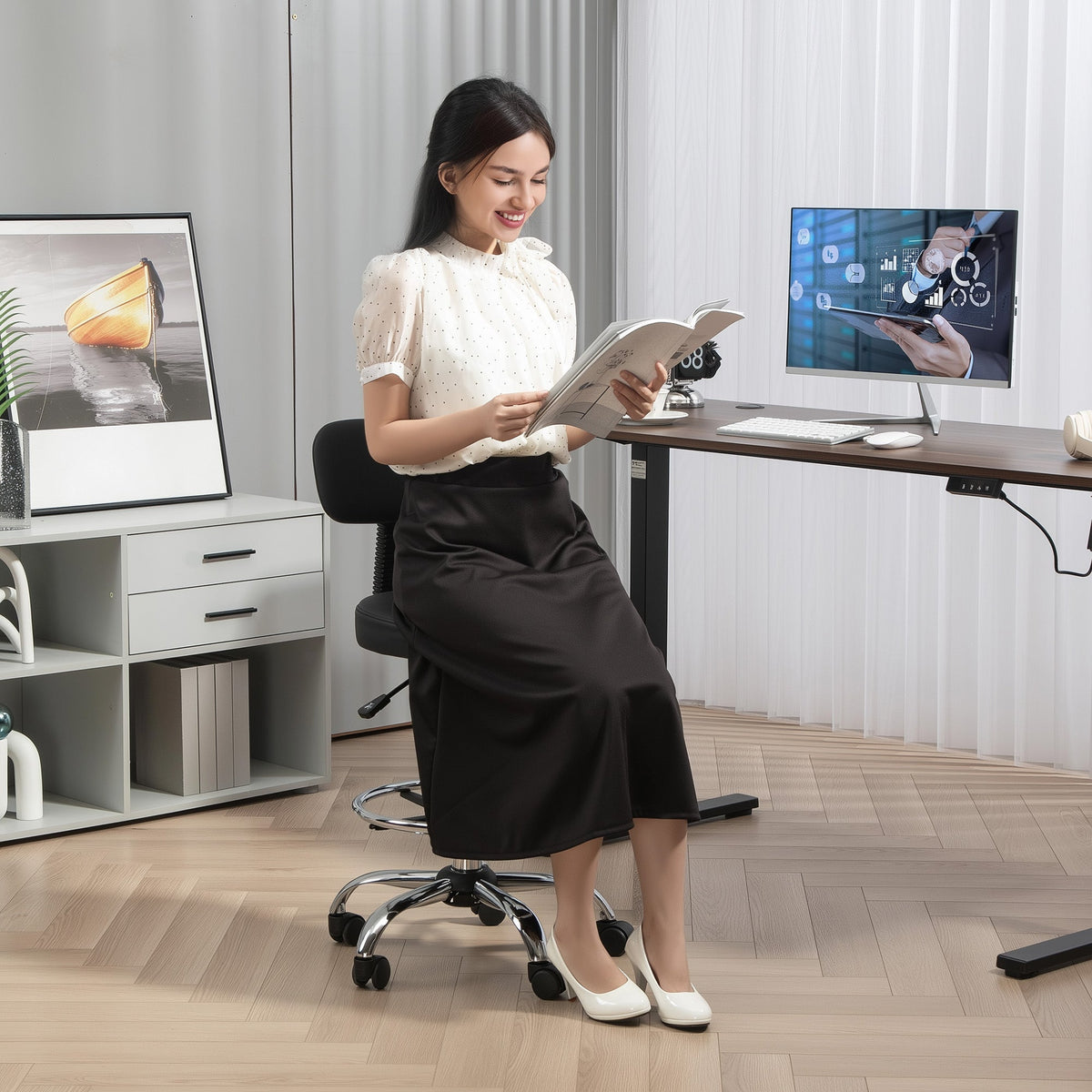 Office Chair, Ergonomic Height-Adjustable with Footrest, Faux Leather Black
