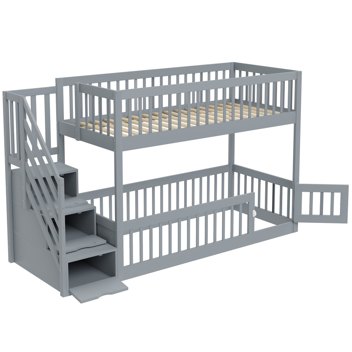 Bunk Bed 90x200 with Safety Stairs & Storage Drawers, Grey Wood