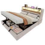 Upholstered Bed 180 x 200 cm, Hydraulic Storage with Fold-Down Headboard and LED Lighting, Beige Velvet