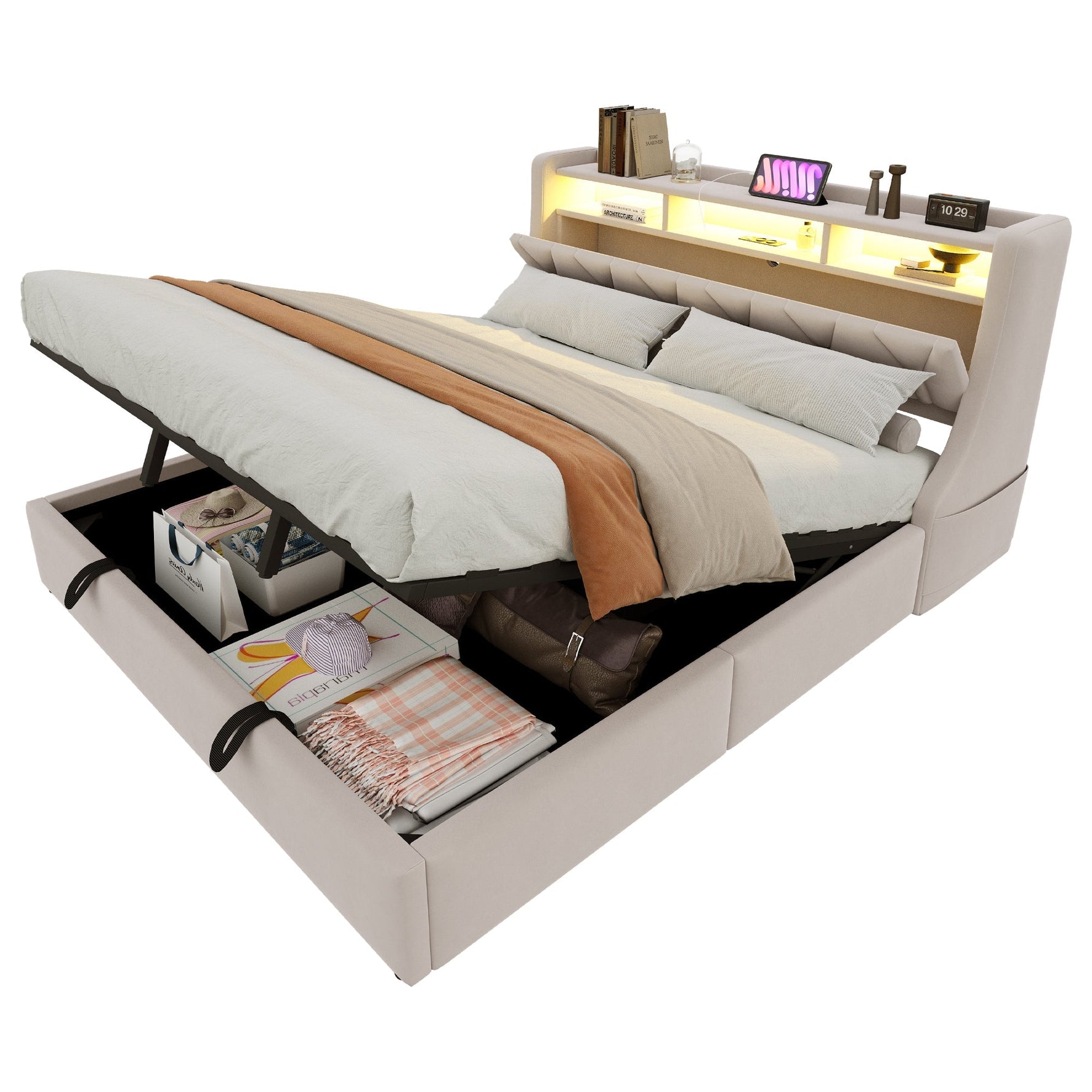 Upholstered Bed 180 x 200 cm, Hydraulic Storage with Fold-Down Headboard and LED Lighting, Beige Velvet
