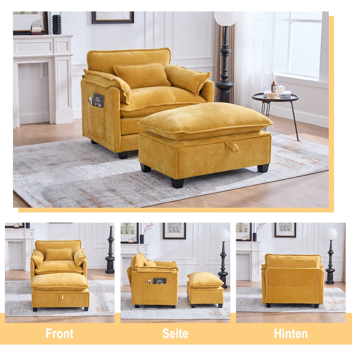 Armchair, Oversized with Footrest & Stool, Velvet