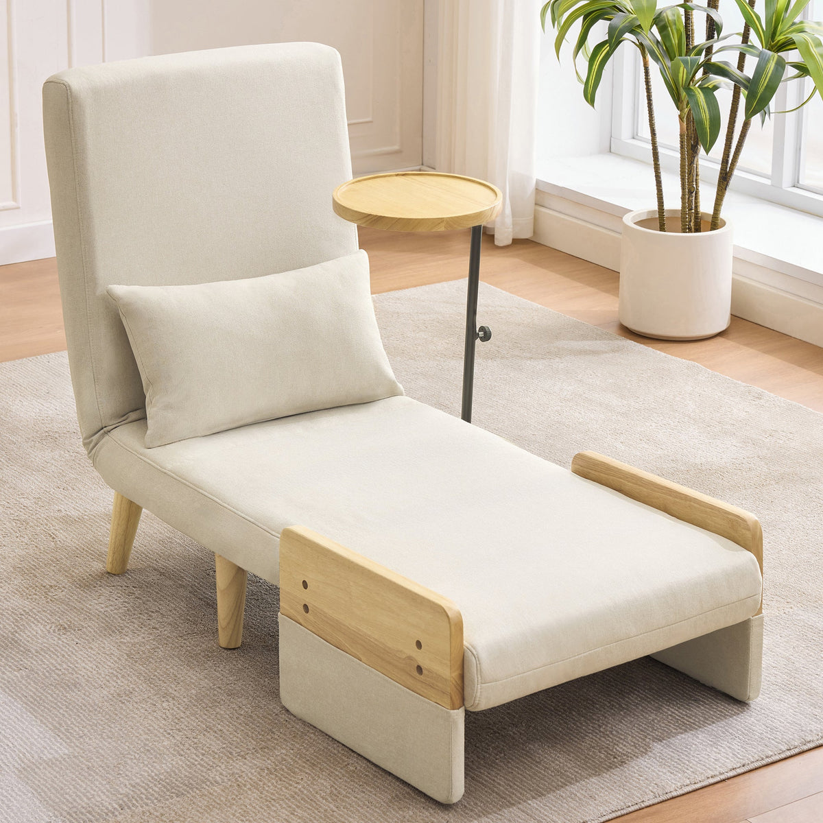 3-in-1 Convertible Armchair, Sleeping Function Upholstered Folding Seat, Wooden Tray