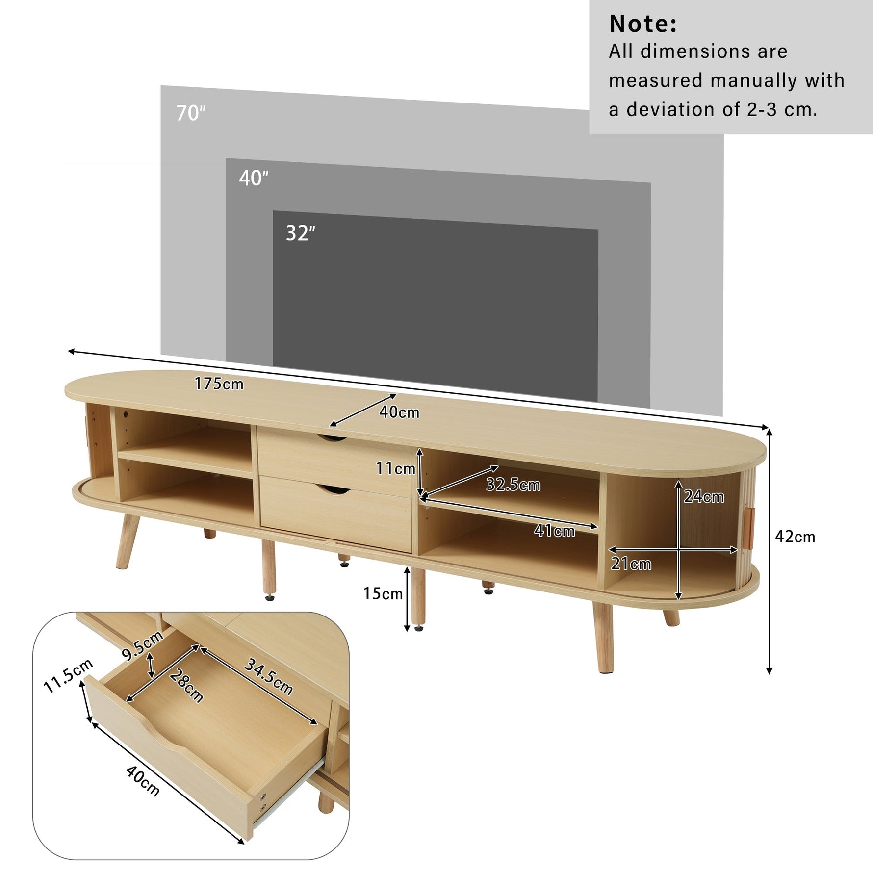 Living Room TV Cabinet with Storage, Round Table Top, 2 Drawers, MDF Wood Grain