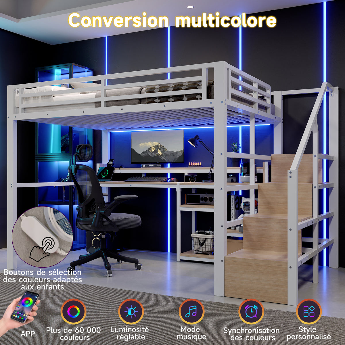 Loft Bed 140x200cm with Ladder Cabinet & LED, White Metal