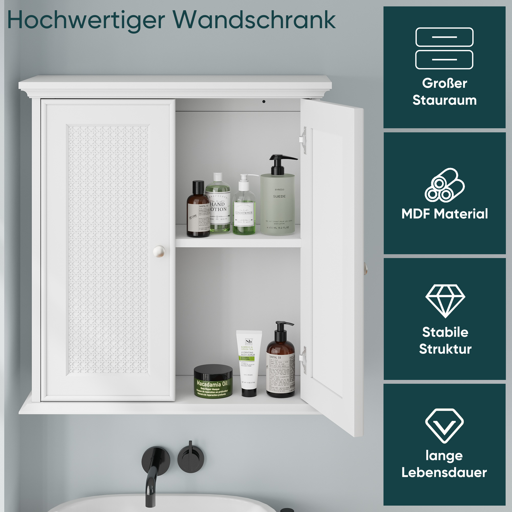 Bathroom Cabinet, Wall-Mounted with Basket Doors & Adjustable Shelves, White