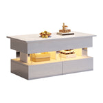 Liftable Coffee Table, Height-Adjustable Hidden Storage LED 2 Drawers, White MDF/Acrylic
