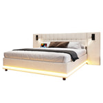 Upholstered Bed 180x200cm LED Headboard Spotlight USB - Linen Beige