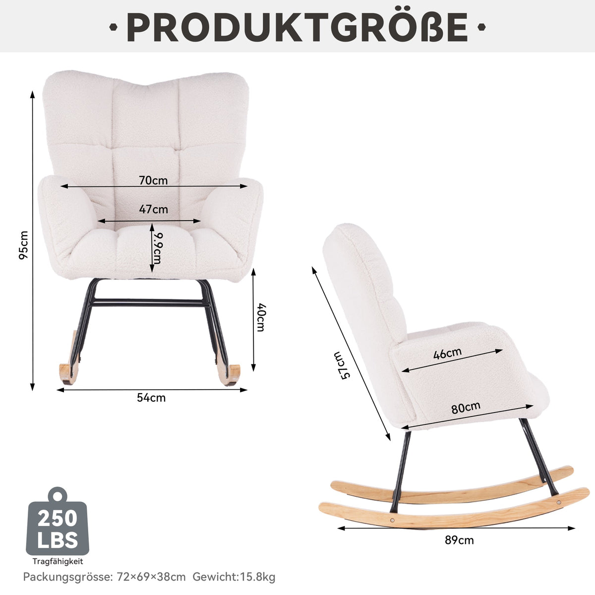 Mid Century Modern Rocking Chair with Tufted Cover, Padded Seat, White