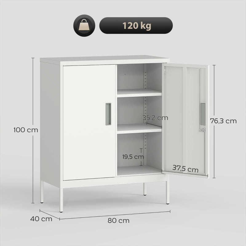 Lockable Steel Cabinet 2 Doors Adjustable Shelves - White