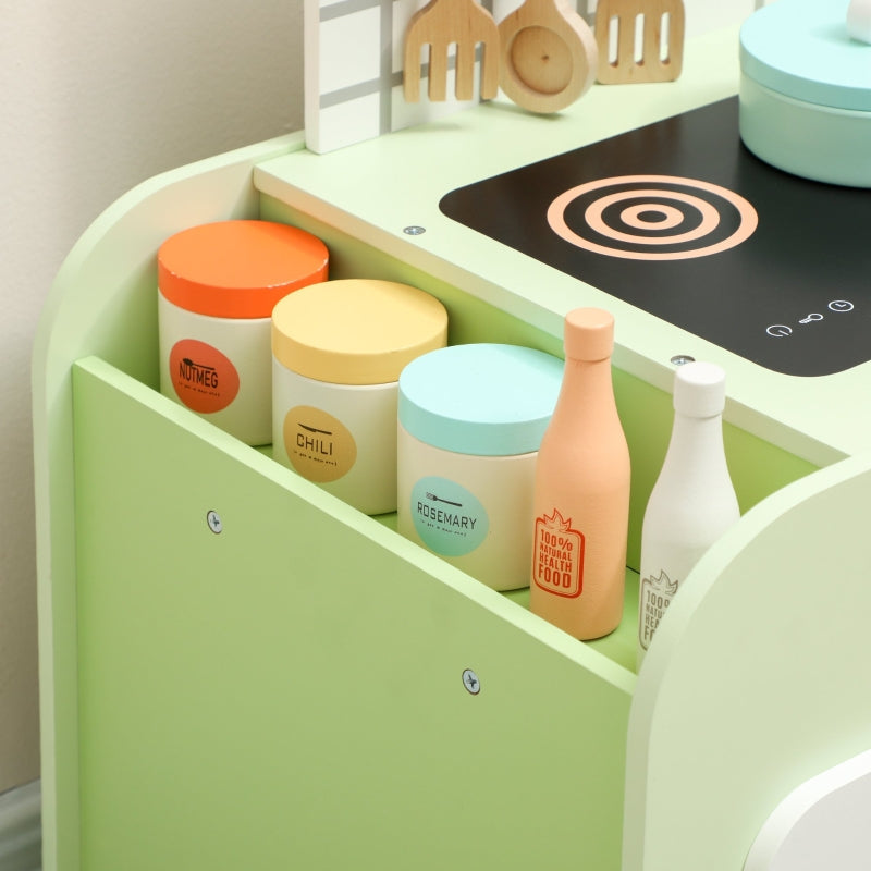 Children's Kitchen Playset with 15 Accessories and Storage Cabinets, Green MDF