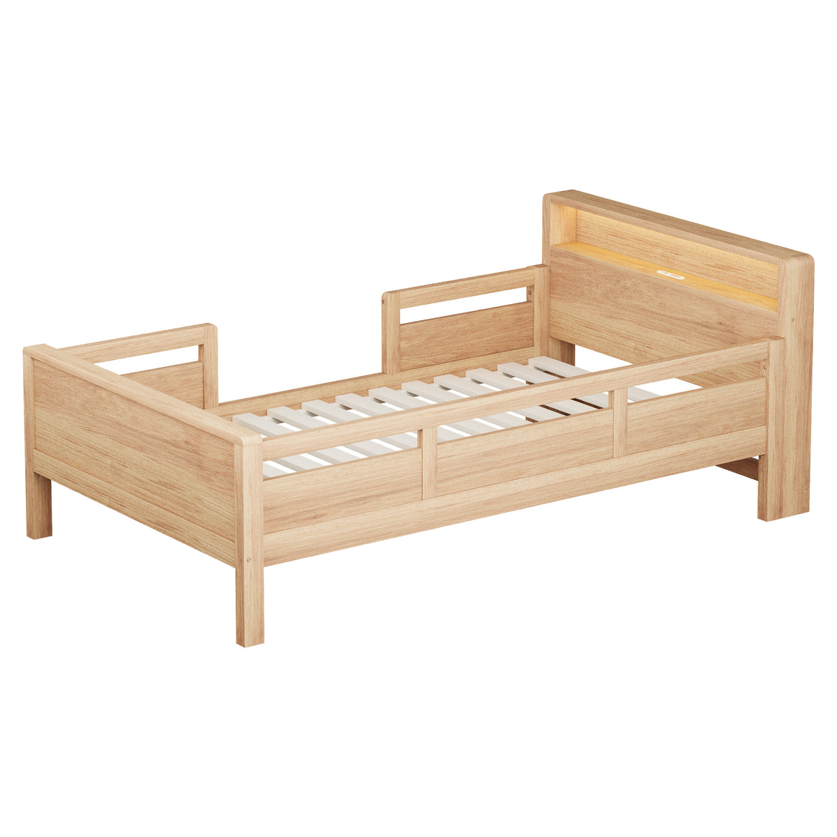 Wooden Single Bed 90x200cm with USB, LED & Storage, Wood Color