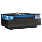 Coffee Table with Tray, High-Gloss, 2 Drawers, Tempered Glass, LED Light, Black