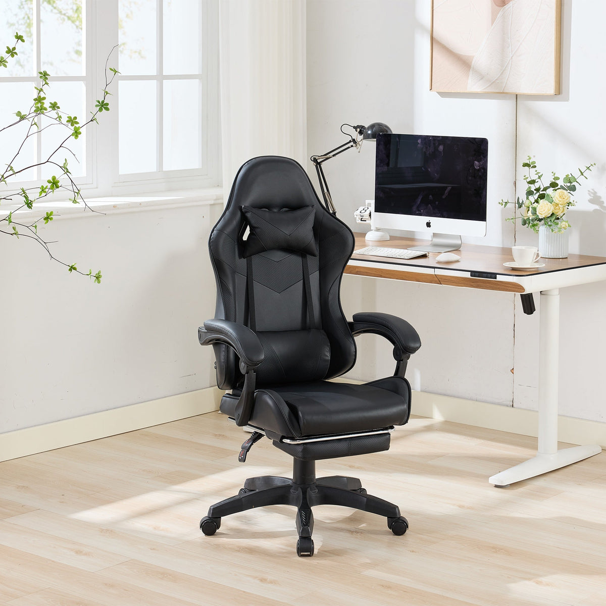 Gaming Chair Ergonomic Racing High-Back Swivel Adjustable Footrest Headrest Lumbar Support Leather Black