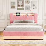 Smart Upholstered Bed 160x200cm with LED & Storage, Pink Velvet