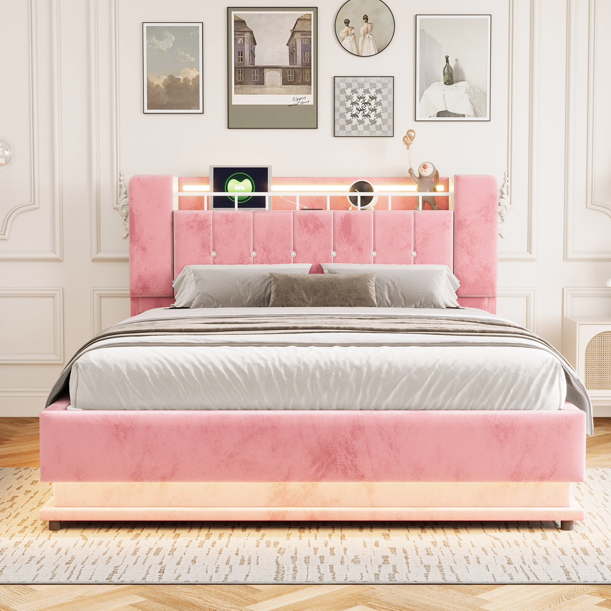 Smart Upholstered Bed 160x200cm with LED & Storage, Pink Velvet