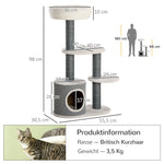 Cat Tree 98cm, Scratching Board, Cave, 3 Platforms, Grey and White
