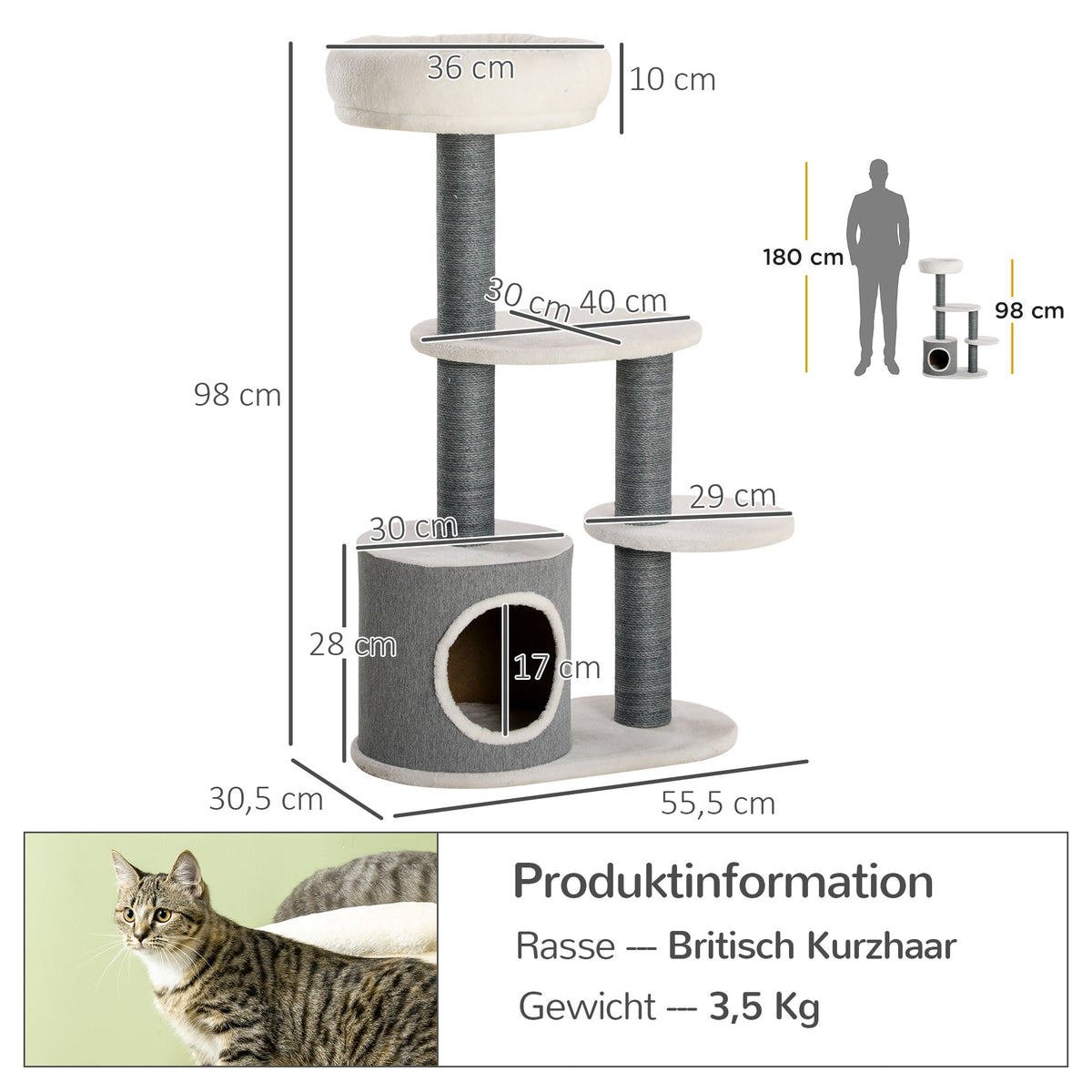 Cat Tree 98cm, Scratching Board, Cave, 3 Platforms, Grey and White