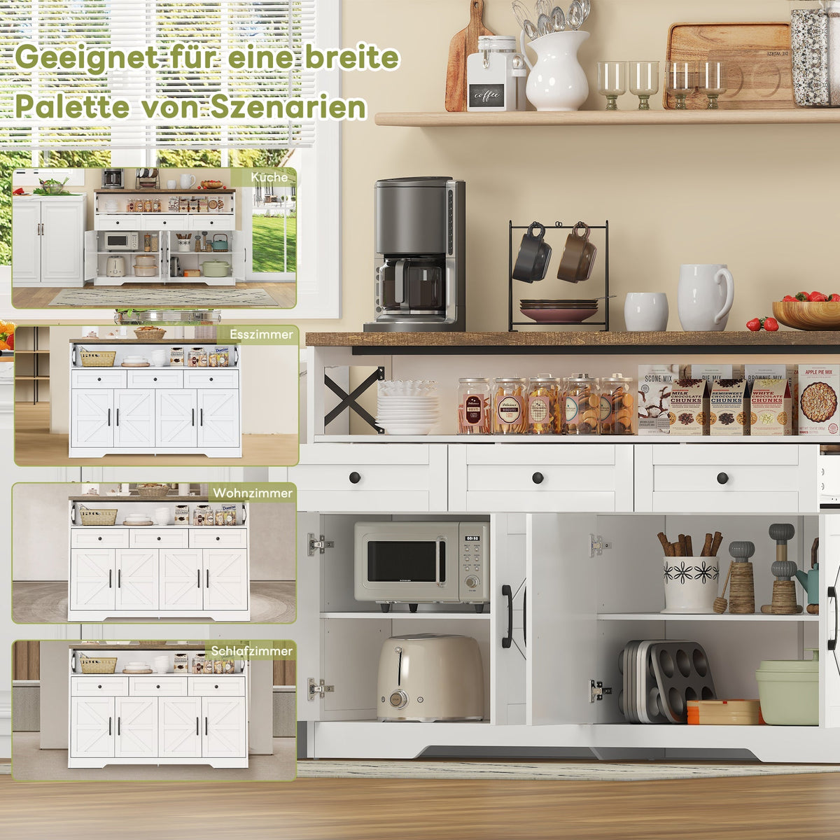 Buffet Sideboard 140cm 3 Drawers Shelves Storage Country Style - White/Brown