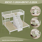 Bunk Bed with 3 Beds and Storage Ladder, White Pine Wood