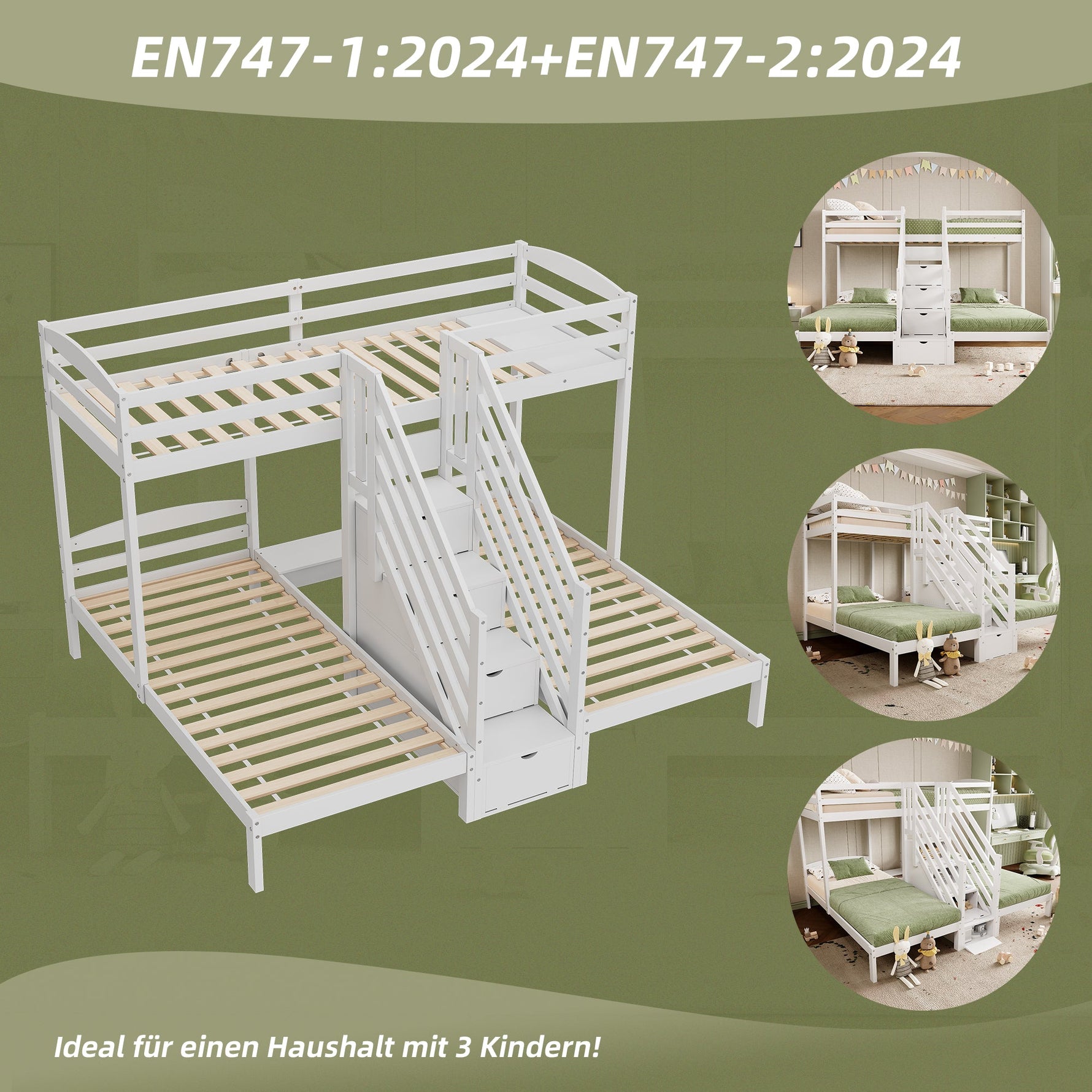 Bunk Bed with 3 Beds and Storage Ladder, White Pine Wood