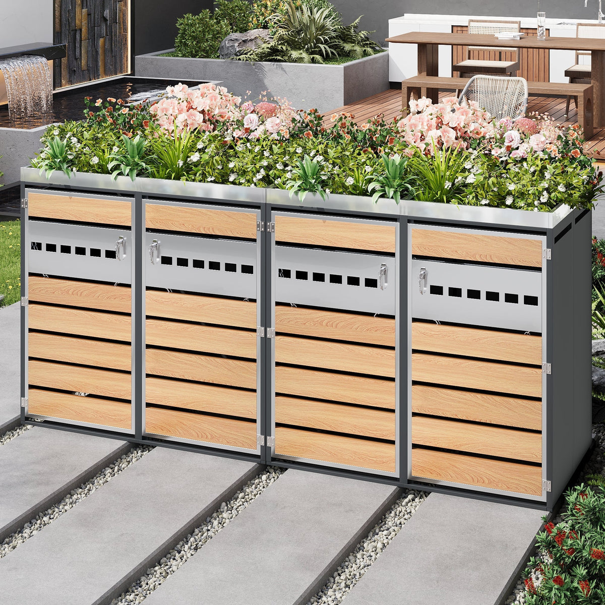 Garbage Can Enclosure with Diamond Ventilation and Four Lockable Doors, Planting Area, Steel