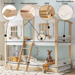 Bunk Bed, Children's with Windows & Roof, Safety Rails, Pine & MDF, White & Natural, 90x200cm
