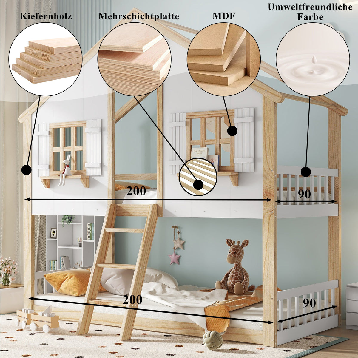 Bunk Bed, Children's with Windows & Roof, Safety Rails, Pine & MDF, White & Natural, 90x200cm