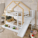 House Bunk Bed with Slide & 2 Drawers, 90x200cm, Solid Wood White