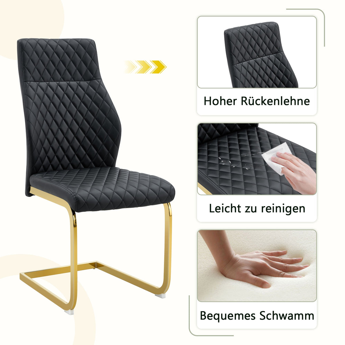 Dining Chairs Set of 2 with High Backrest and Padded Cushion, Black and Gold
