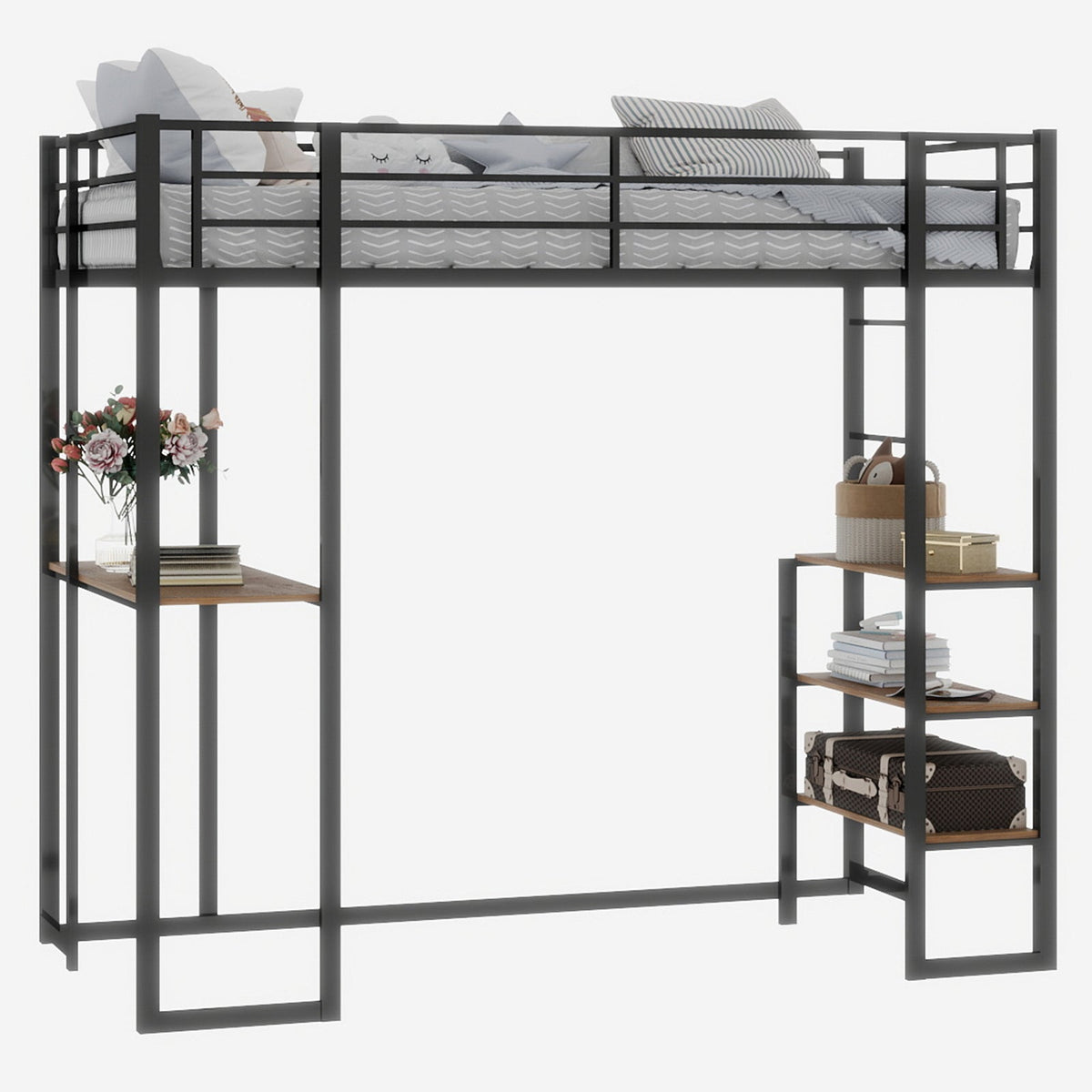 Iron Frame Bed, L-Shaped Desk, Railing & Reversible Stairs, Metal