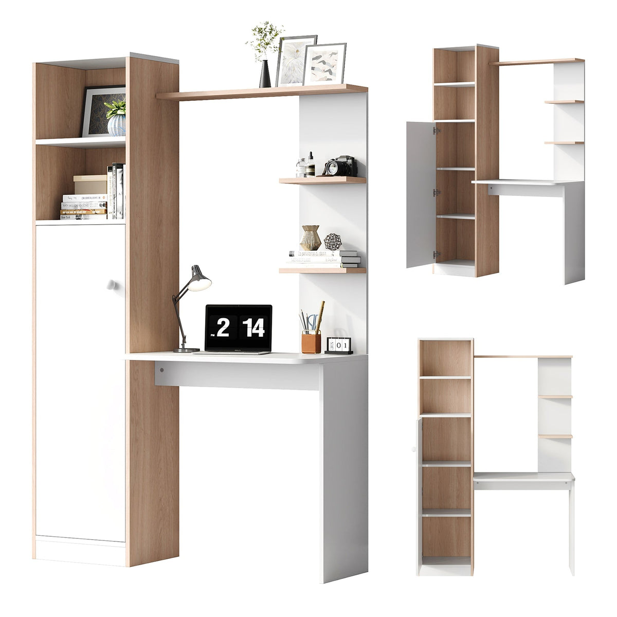 Work Table/Desk with Storage, Lower Cabinet & Open Shelf, White/Slatted Wood
