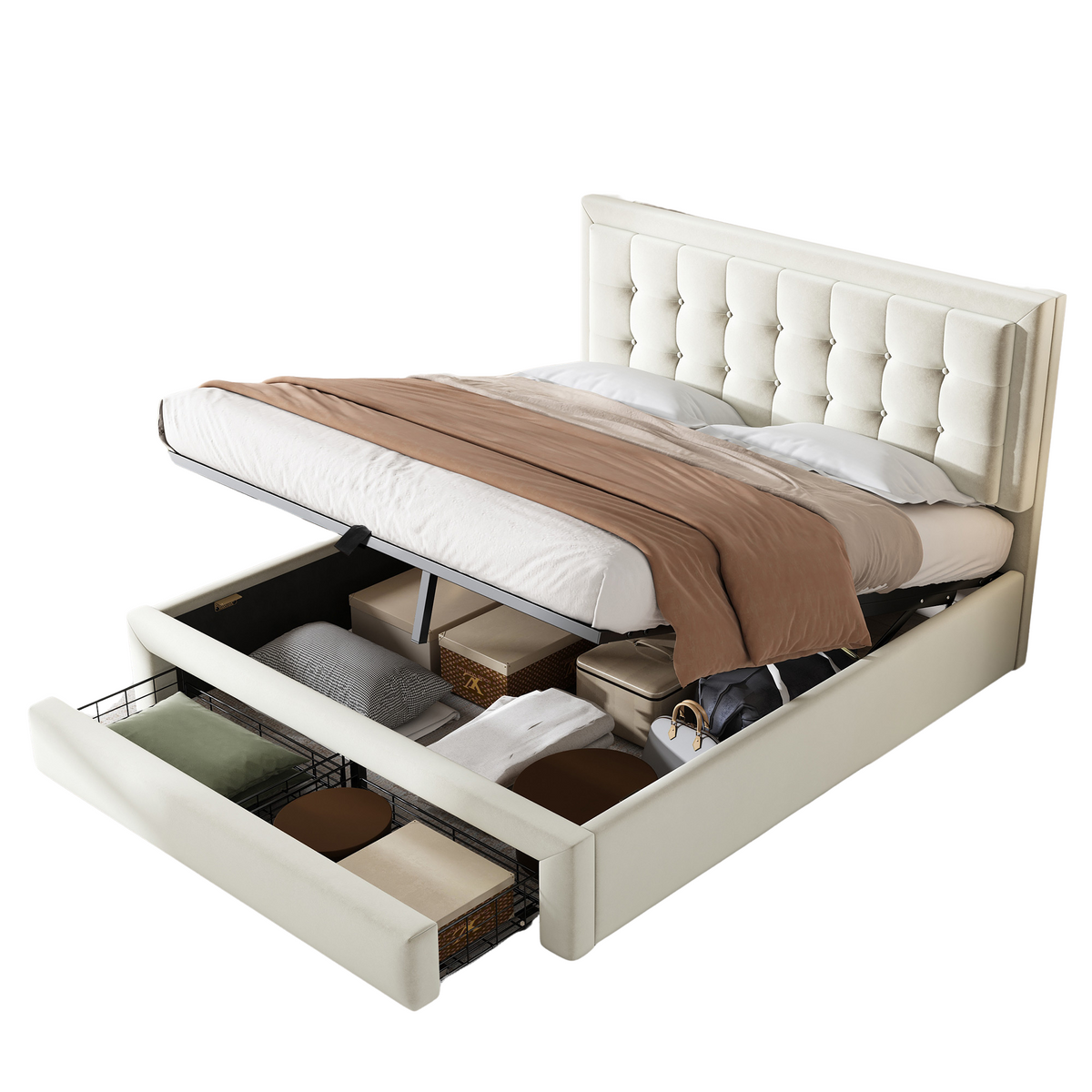Upholstered Storage Bed 140x200 with 2 Drawers, Beige Velvet