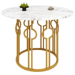 Round Dining Table, 100x100x76cm, Coffee Table for 4, MDF Marbled Top, Golden Metal Legs