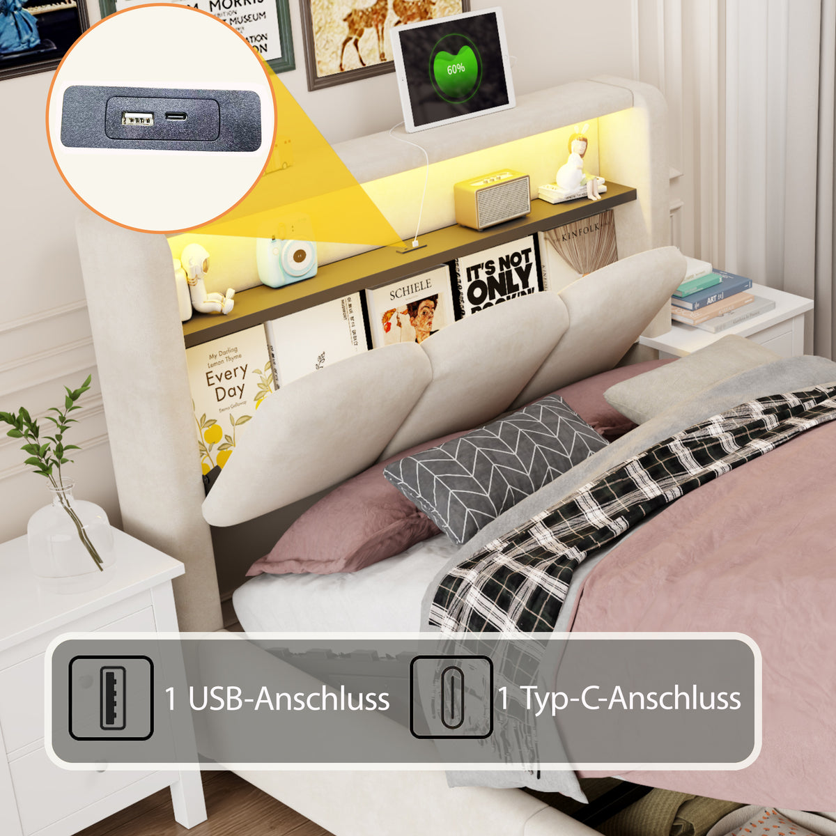 Upholstered Bed 90x200 with Storage & LED, Beige Velvet