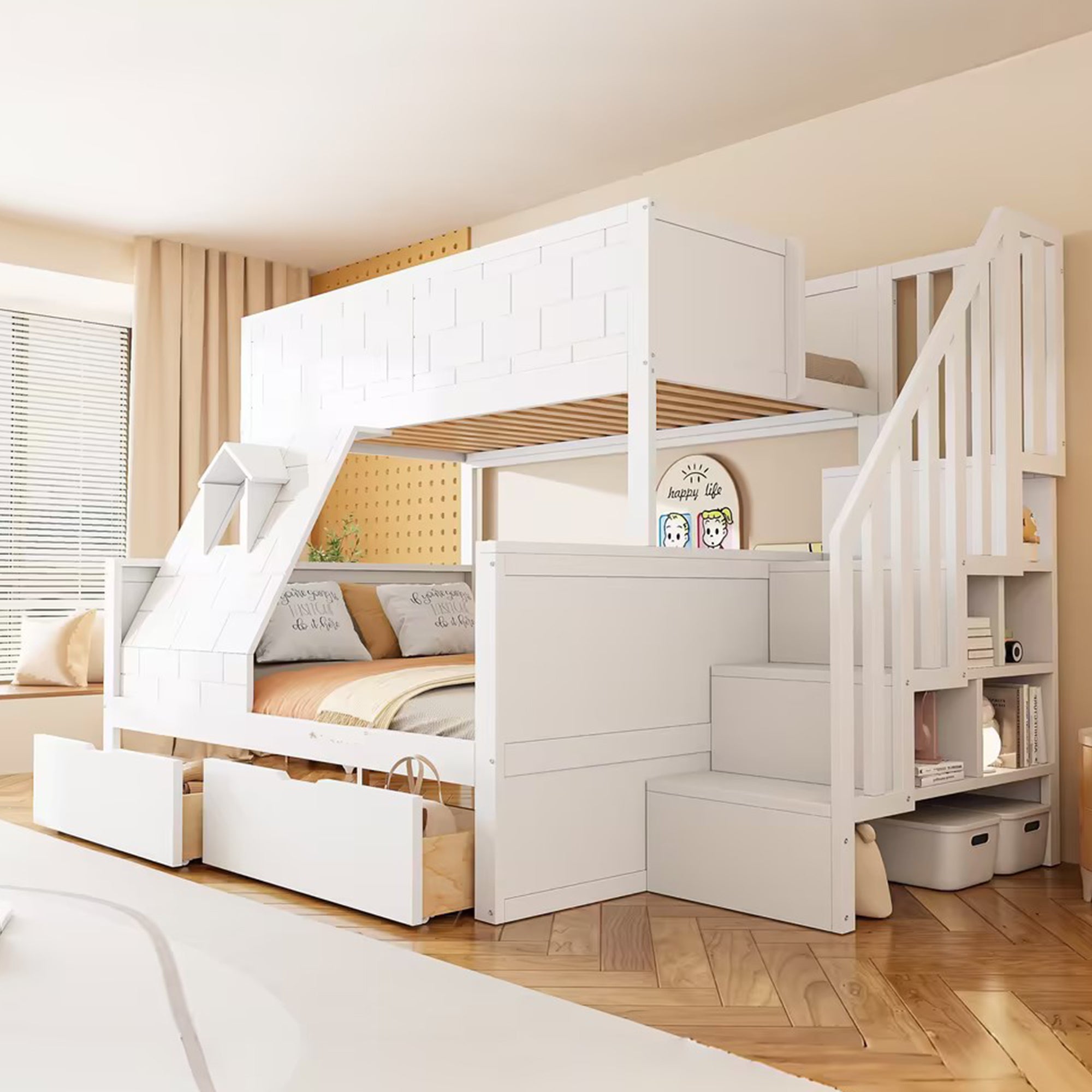 Bunk Bed with Safety Ladder, Drawers and Window, 90x200cm and 140x200cm, Solid Wood