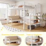 Bunk Bed with Removable Sofa, Storage and Safety Stairs, 140x200cm, White Metal
