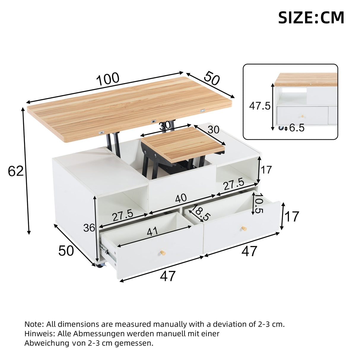 Coffee Table Adjustable Folding 4 Drawers Lift Table Movable Casters