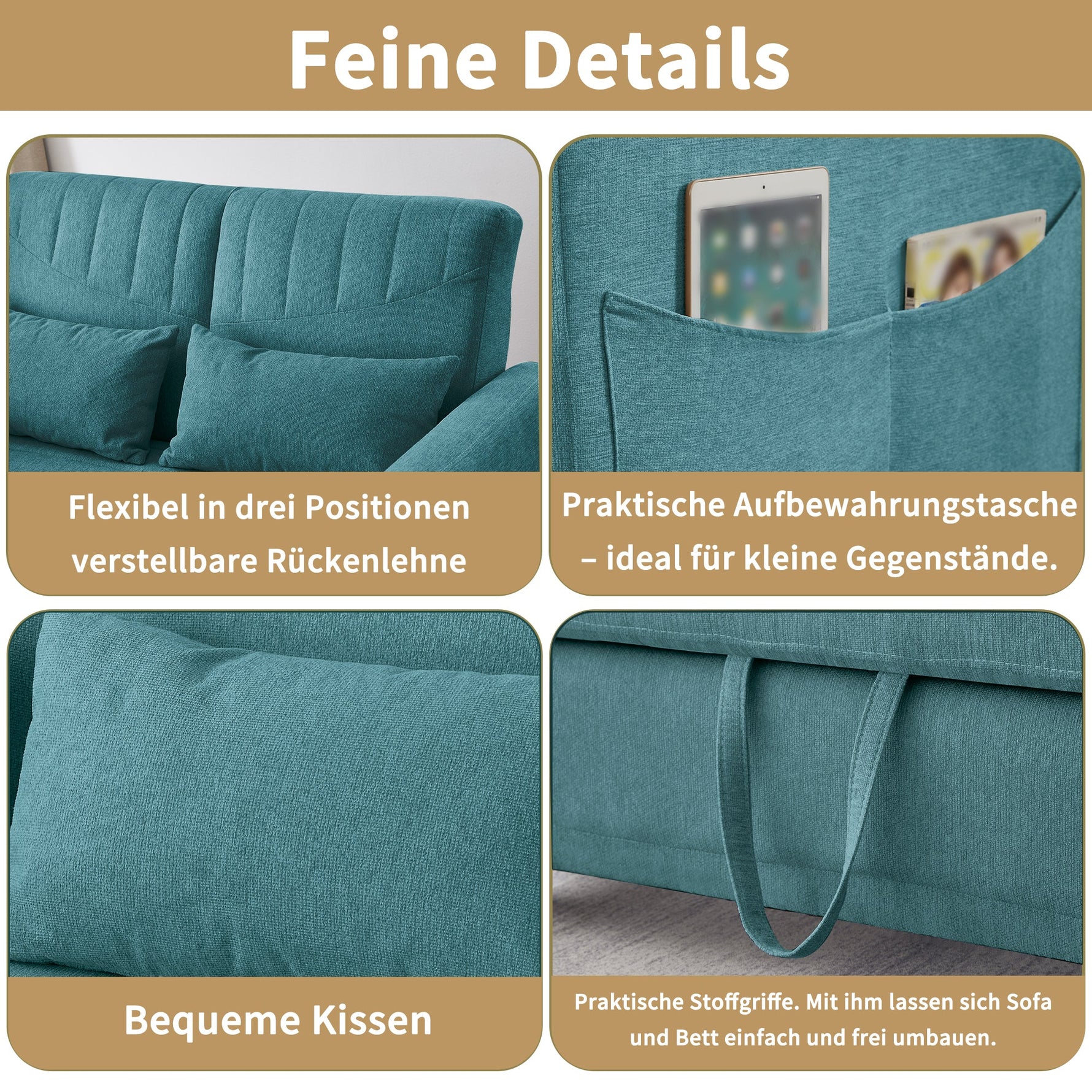 Sofa Bed, Two-Seater Folding Extendable, Three-Level Adjustable Backrest, Cotton Linen Fabric