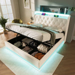 Upholstered Bed Double, 360 LED, Hydraulic Storage, USB-C Charging, 180x200 cm White PU