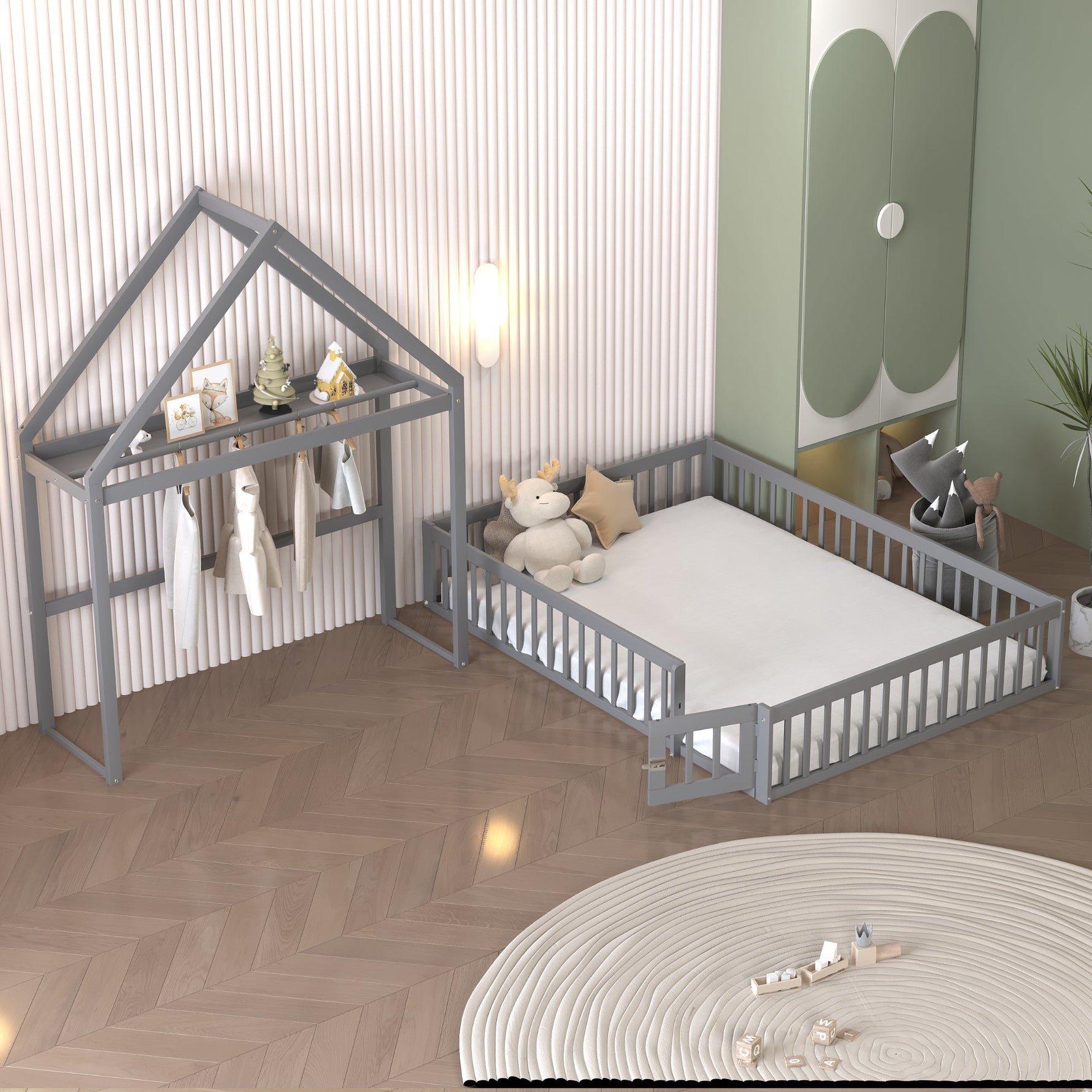 Children's Bed, 140x200 Solid Wood with Storage, Full Safety Gate & Slatted Frame, Grey