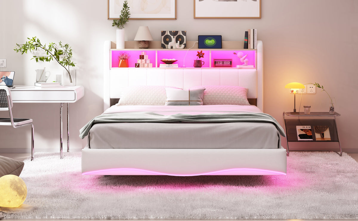 Suspended Design Upholstered Bed 140*200, Multifunctional Storage with LED, USB & Type-C, Linen Fabric Beige