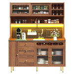 Tall Cabinet LED Lighting Wine Rack Adjustable Shelves 145x39x171cm Walnut Color