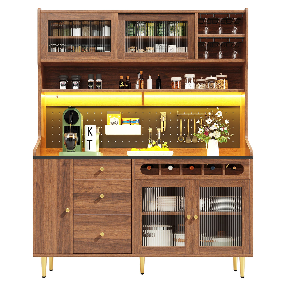 Tall Cabinet LED Lighting Wine Rack Adjustable Shelves 145x39x171cm Walnut Color