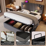 Upholstered Bed 160x200, Double Bed with Storage, Reading Light, Rivet Headboard, Gray Cotton