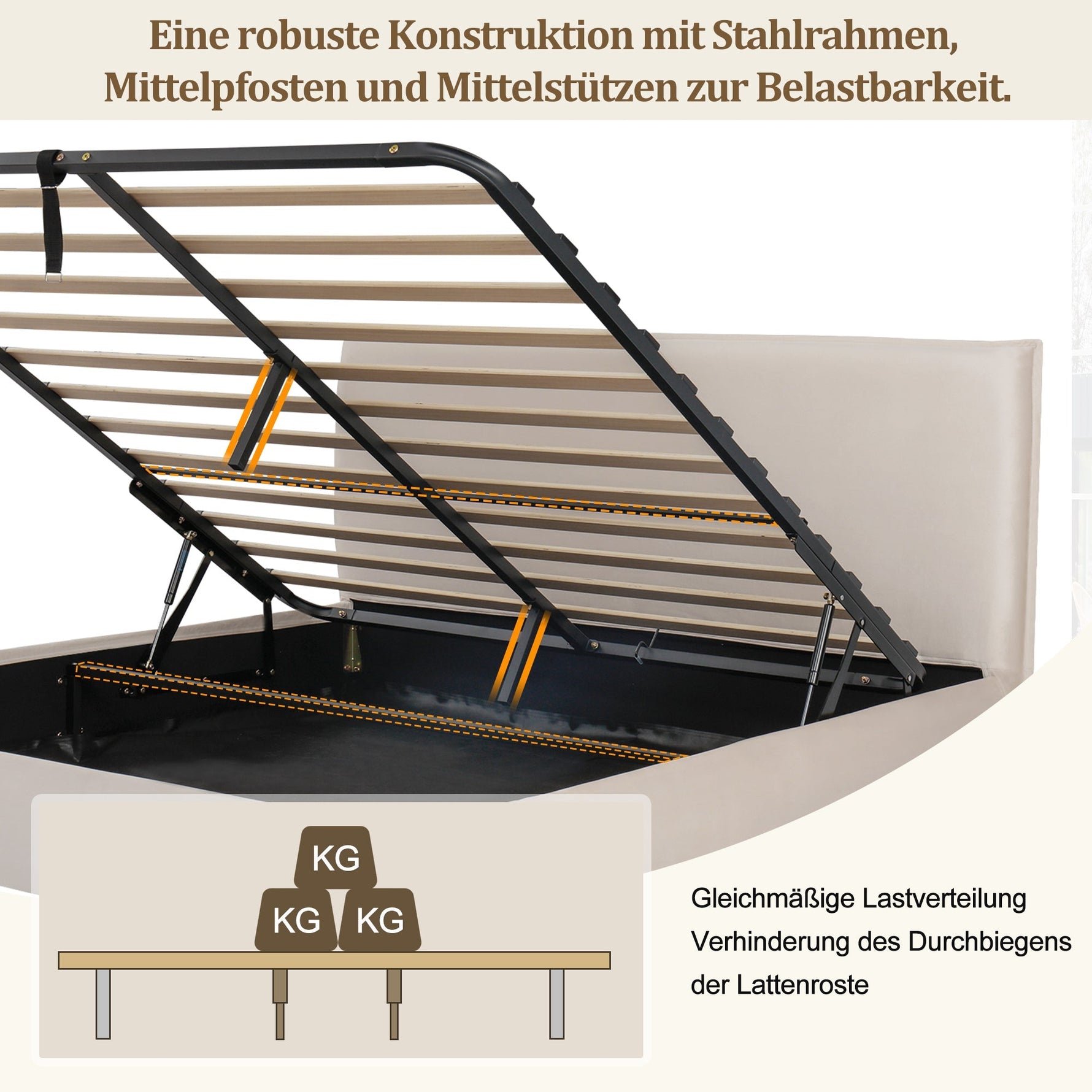 Upholstered Double Bed with Hydraulic Storage and Slatted Base, 180x200cm, Cream Velvet