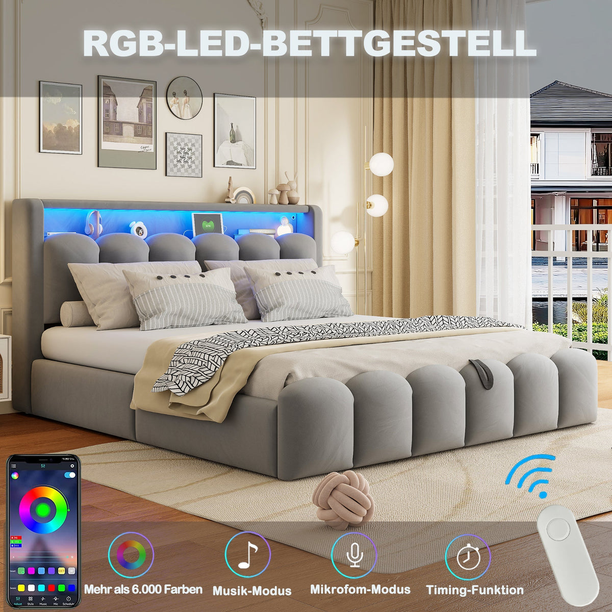 Upholstered Bed 180x200 Hydraulic Storage Headboard USB LED, Velvet Grey